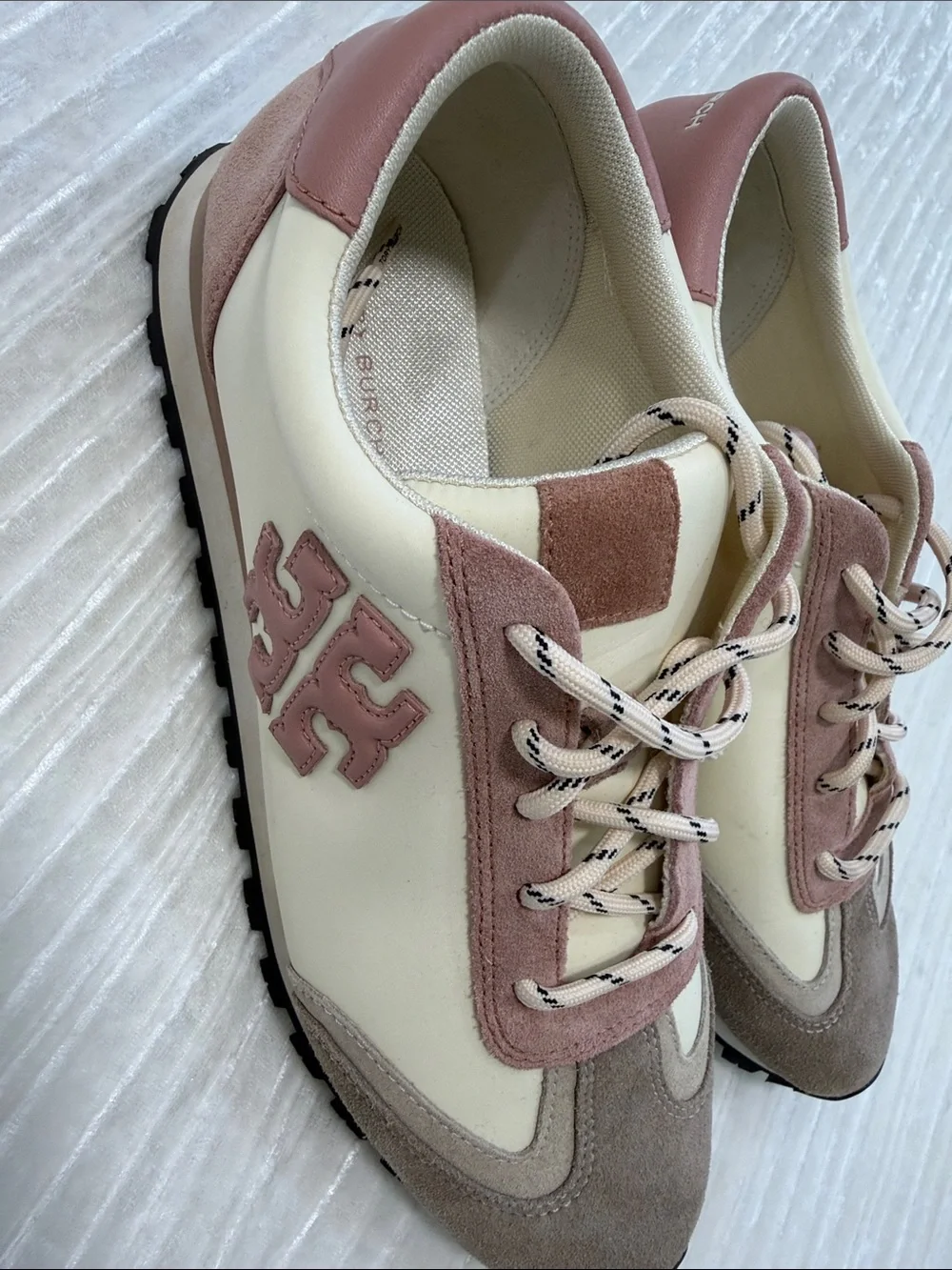 Tory Burch Cream, Taupe and Blush Suede-Trim Athletic Sneakers